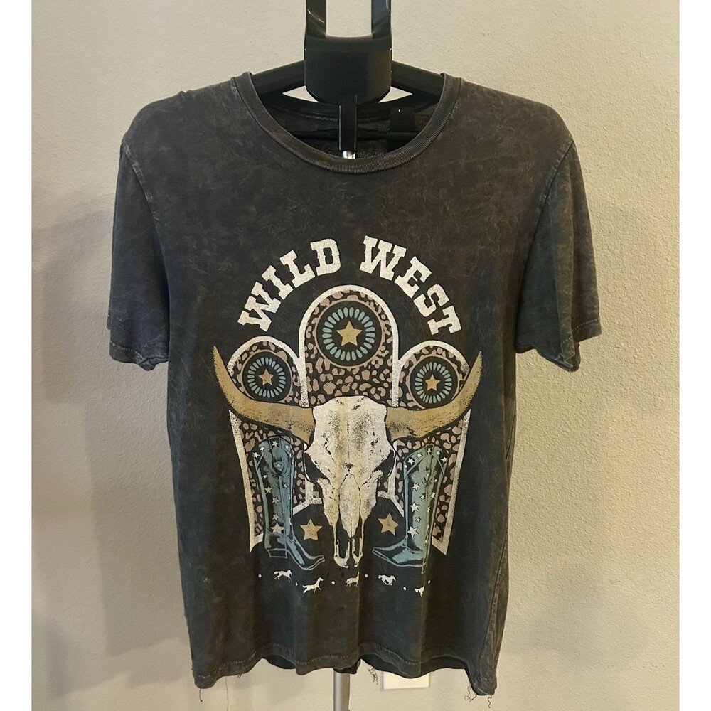 Lotus Fashion Boho Western T-Keep It Wild Skull Black Wash Boyfriend  Tee Small